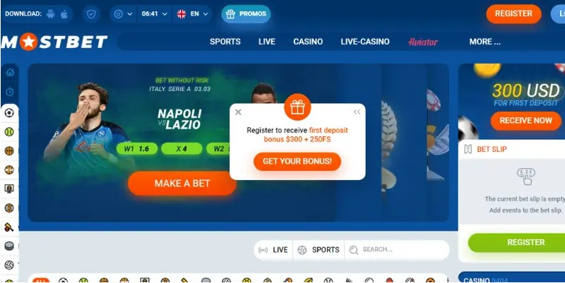 Página principal da Mostbet