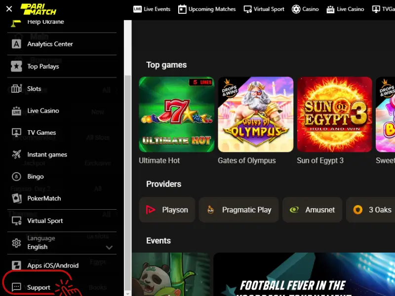 Support in Parimatch Casino